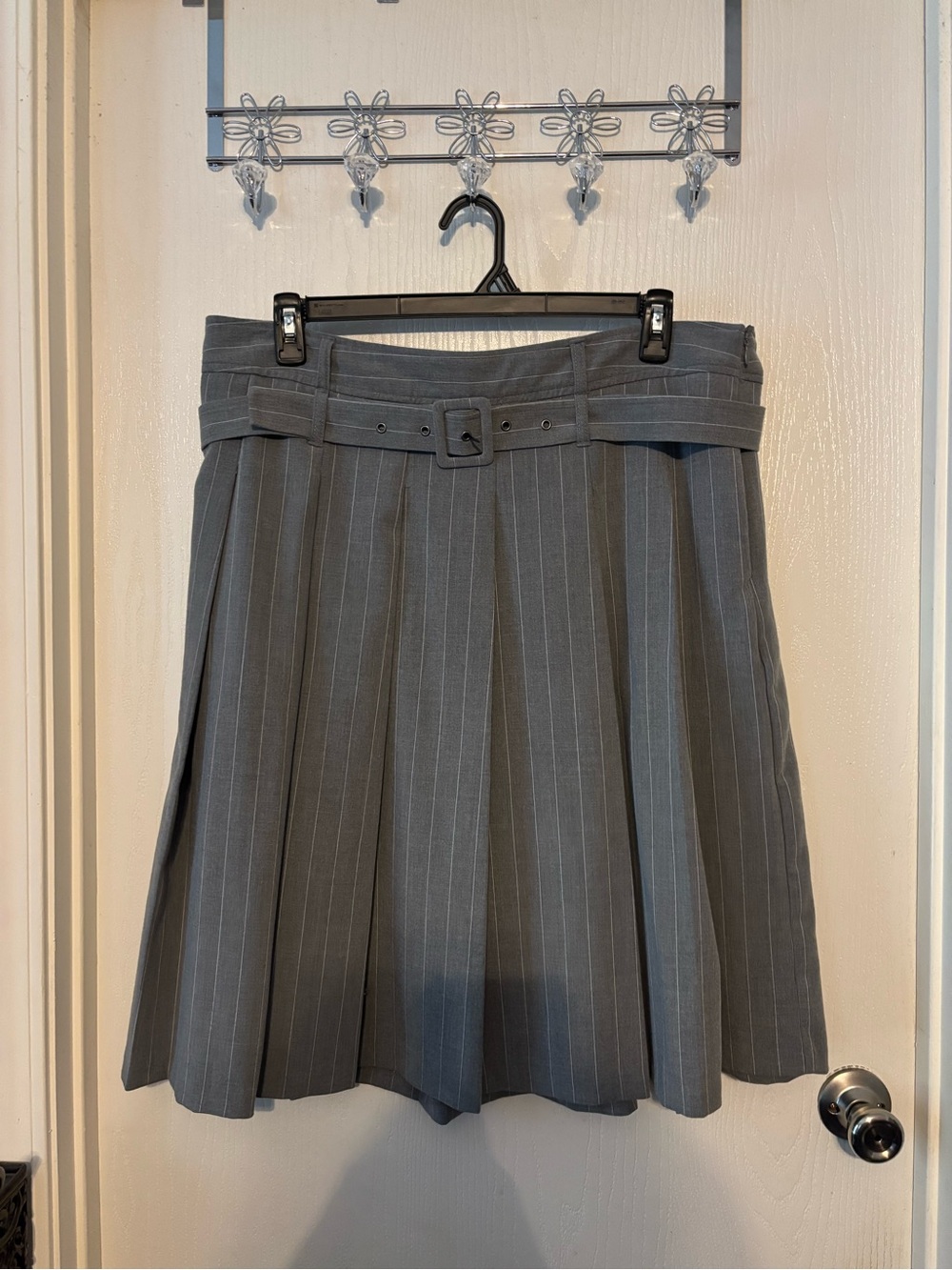 Tailored Gray Pinstripe Midi Skirt with Belted Waist
